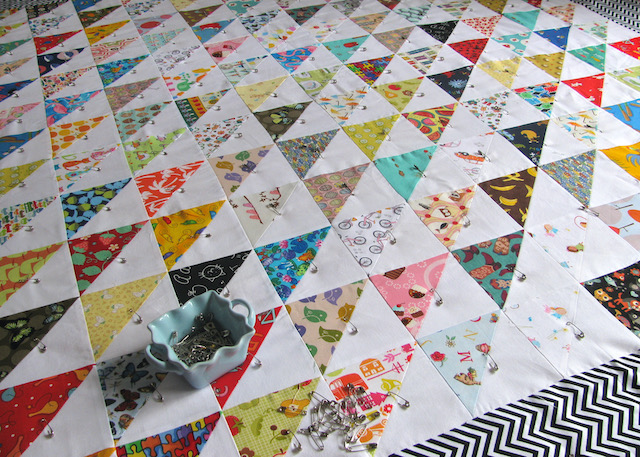 Pinning quilt layers together to make I Spy Quilt